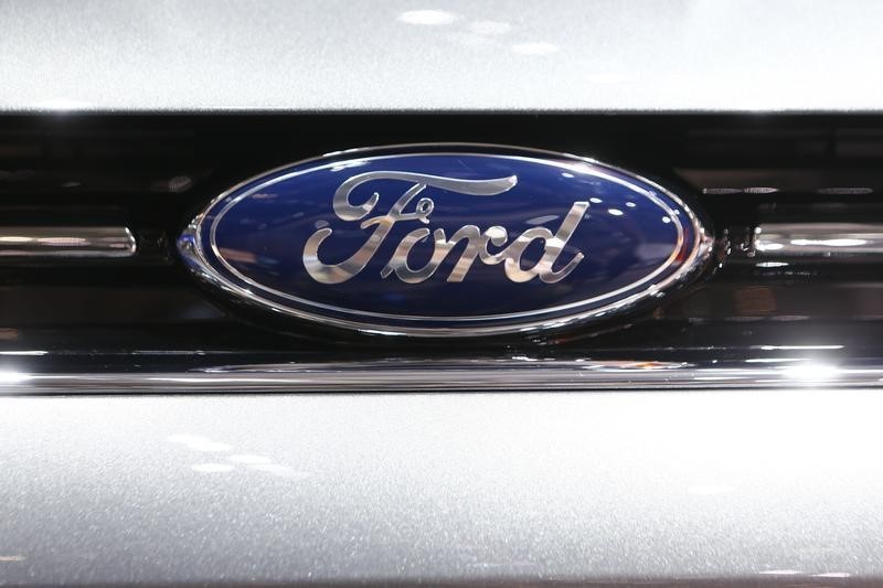 The company logo is seen on the bonnet of a Ford car during the media day ahead of the 84th Geneva Motor Show in Geneva